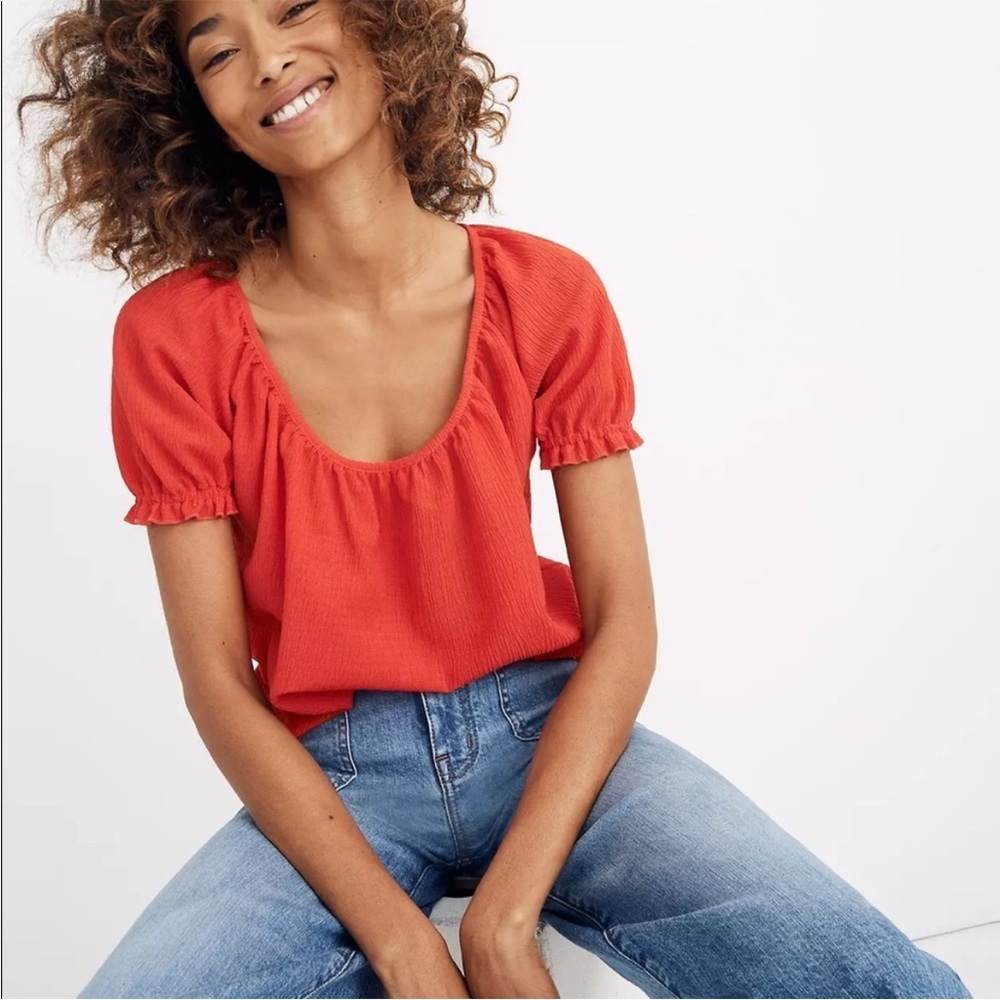 Madewell Red Puff-Sleeve Square Neck Blouse